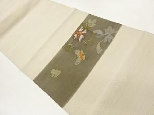 手織り紬抽象花葉に蝶模様織出し名古屋帯